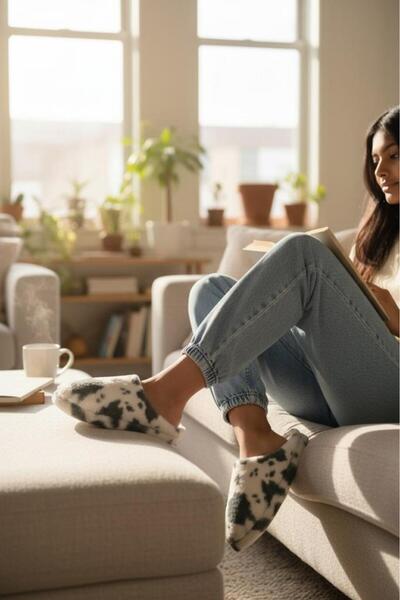 MARKABONİ Women's Furry Fluffy House Slippers Soundless Soft Comfortable Rubber Sole Wool Inside Winter Slippers