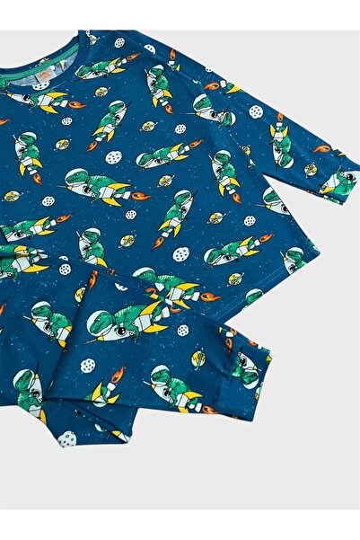 elmas kids Boys' Cotton Petrol Green Dinosaur Patterned Seasonal Long Sleeve Pajama Set