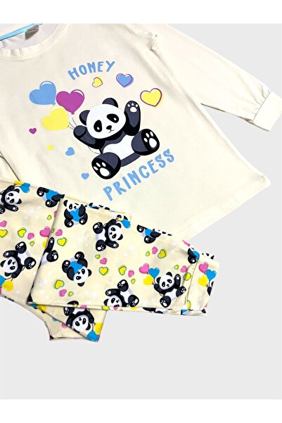 elmas kids Kız Çocuk Pamuklu Sarı Panda Desenli Mevsimlik Uzun Kollu Pijama Takımı
