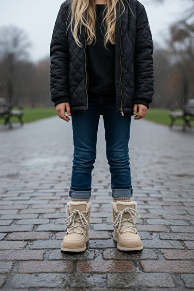 JOJO KIDS Kız Çocuk Fermuarlı krem Deri kar botu , İçi Sıcak Polar Astarlı Bot , Dişli Kaymaz Taban