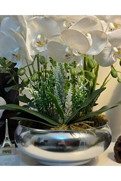 MY LOVE ÇİÇEKÇİLİK Metal Gümüş Saksıda 5'Li Lüx Islak Dokulu Beyaz Yapay Orkide Premium Seri