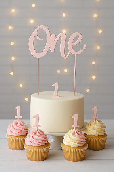 Atolye Doruk Pink 1St Birthday Cake Topper - One Cake Lettering - Number 1 Cupcake Toothpick - Baby Girl Birthday