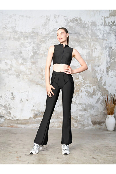 lismina Flare Fit Siyah İspanyol Paça Dikiş Modelli Tayt
