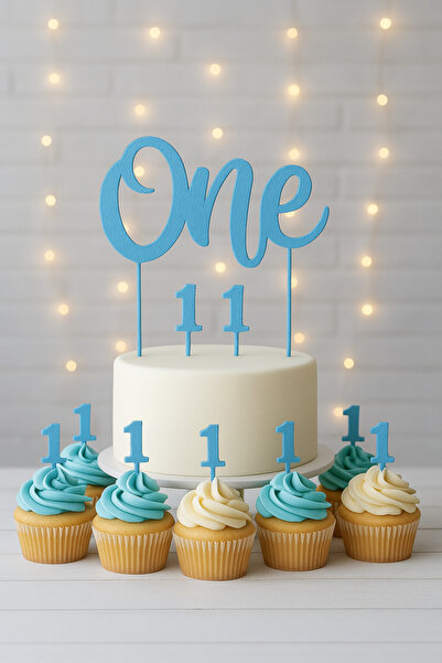 Atolye Doruk Blue 1St Birthday Cake Topper - One Cake Lettering - Number 1 Cupcake Toothpick - Baby Boy Birthday