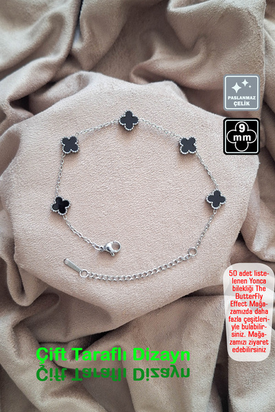 Miss TBee 🍀4 Yapraklı Yonca Çelik Bileklik 🎨 Siyah Gümüş Minik