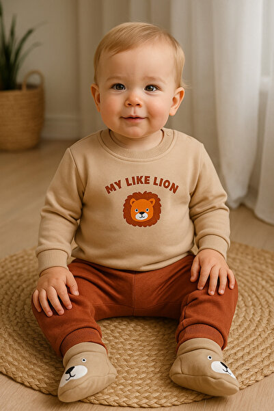 tinytrends Unisex Bebek Lion Eşofman Takımı 3 İp Şardonlu Panduf Hediyeli