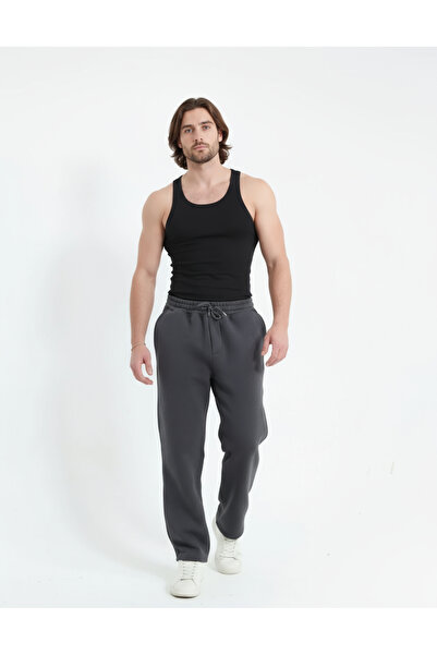 Sizce Moda Σκούρο καπνιστό παντελόνι με φαρδύ πόδι με 3 κλωστές, με τσέπη στο πίσω μέρος, χειμερινό βαμβακερό χτενισμένο εσωτερικό φλις, άνετο