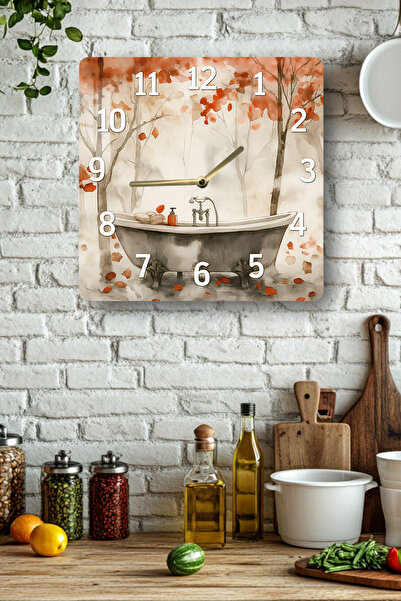 kutuTR ساعة مربعة من الزجاج المقسى بتصميم حمام الخريف مقاس 33 × 33 سم طباعة بالأشعة فوق البنفسجية - KCS005