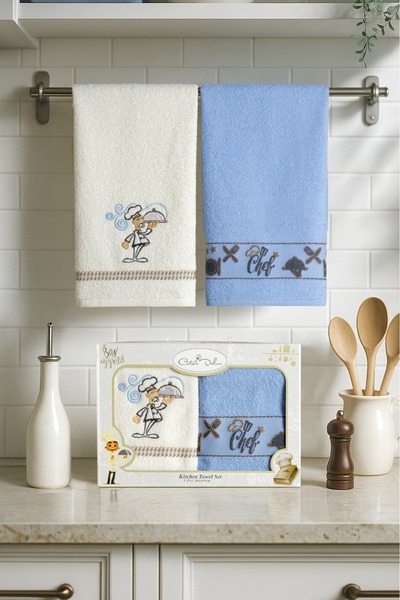 Coton Delux 2'li Mutfak Havlusu - Aşçı Desenli - 40X60 -%100 Pamuklu - Kutulu