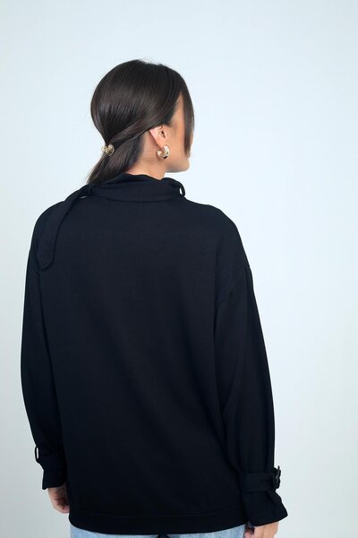 By Saygı Women's Front Zippered Cargo Pocket Buckle Detailed Fabric Cardigan