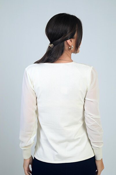 By Saygı Women's Ladder V Neck Sleeves Chiffon Sweater