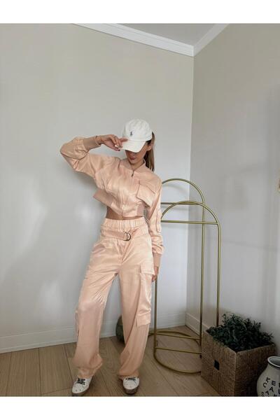 GKBUTİK Kemerli Kargo Pantolon Kısa Ceket Saten Takım