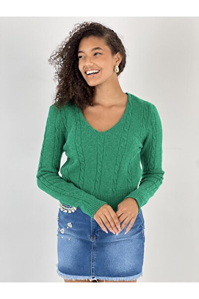Miss Poem Women's V-Neck Hair Knit Short Green Knitwear Sweater