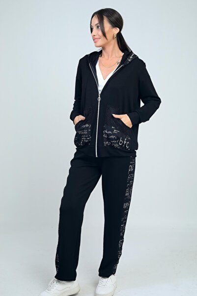 By Saygı Women's Hooded Cardigan with Zippered Front Pockets, Rhinestone Mesh Detail, Elastic Waist Pants, Letter K