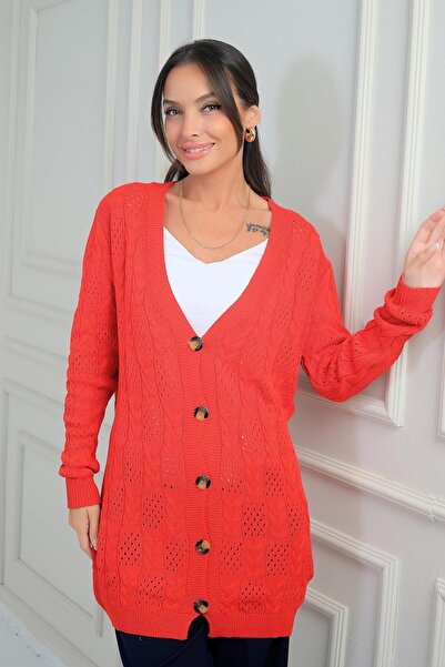 By Saygı Women's V-Neck Buttoned Front Comfortable Fit Mercerized Cardigan