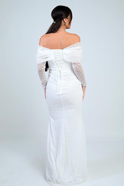 By Saygı Kadın Uzun Kollu PulPayet Göğüs Drapeli Astarlı Tasarım Elbise