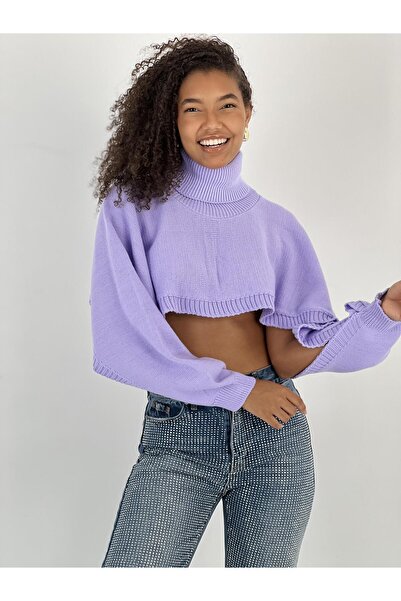 Miss Poem Women's Open Sleeve and Bottom Lilac Crop Sweater