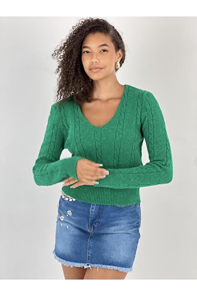 Miss Poem Women's V-Neck Hair Knit Short Green Knitwear Sweater