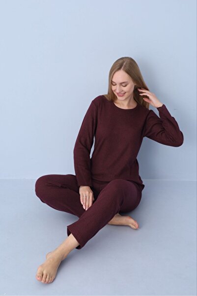 PİJART Burgundy Ribbed Knitted Pajama Set
