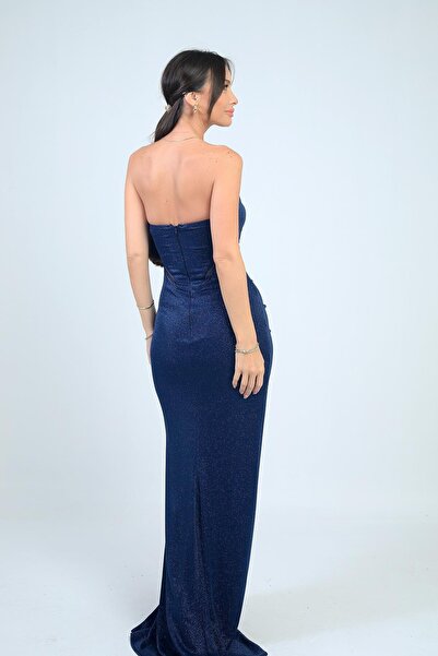 By Saygı Women's Strapless Gathered Front Lined Glitter Long Dress