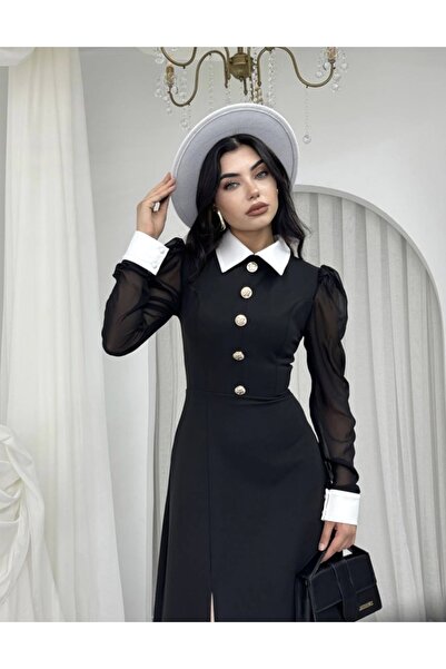 Afiş Butik Черна дамска рокля с шифонни ръкави и копчета