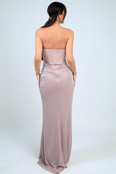 By Saygı Women's Strapless Gathered Front Lined Glitter Long Dress