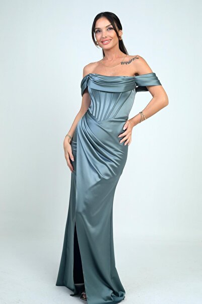 By Saygı Women's Strapless Low Sleeve Lined Underwire Satin Long Dress