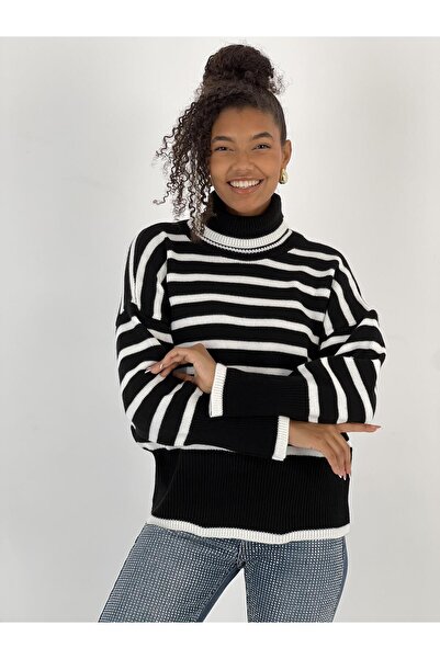 Miss Poem Women's Ecru Striped Turtleneck Sweatshirt