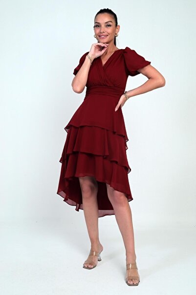 By Saygı Women's Double Breasted Collar Back Zipper Katkat Pleated Chiffon Dress