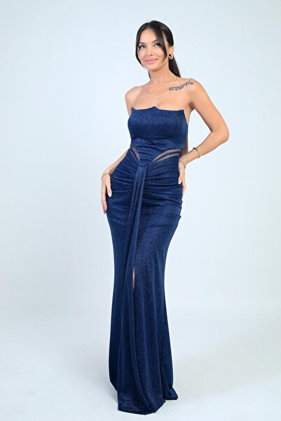 By Saygı Women's Strapless Gathered Front Lined Glitter Long Dress