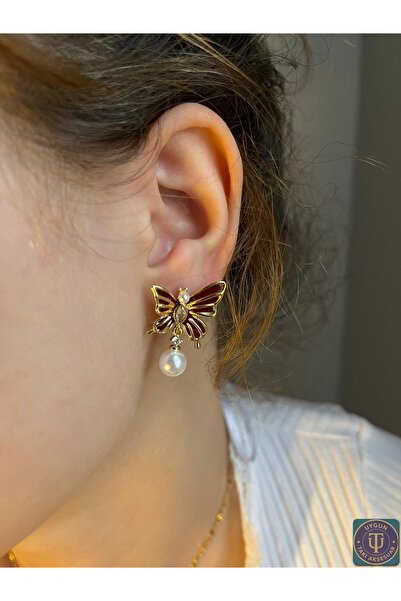 uyguntakıaksesuar أقراط مزينة بأشكال الفراشات واللؤلؤ - مجوهرات نسائية أنيقة ...