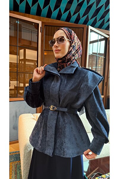 El Amira Velvet Aura Kadife Kemer Detaylı Ceket Lacivert