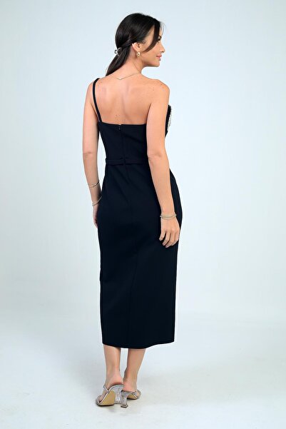 By Saygı Women's Slim Single Strap Stone Detailed Underwire Crepe Midi Dress