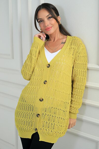 By Saygı Women's V-Neck Buttoned Front Comfortable Fit Mercerized Cardigan