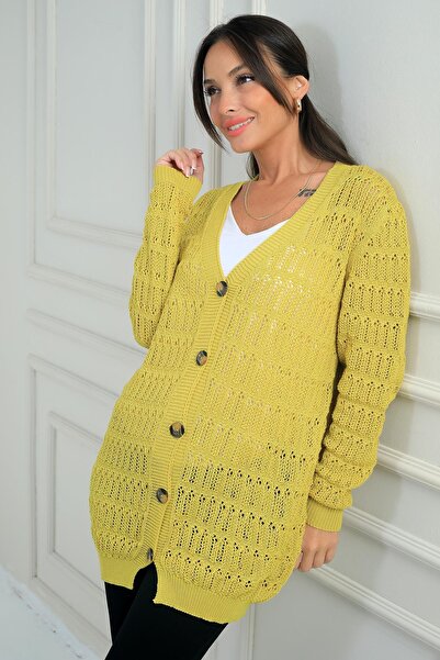 By Saygı Women's V-Neck Buttoned Front Comfortable Fit Mercerized Cardigan