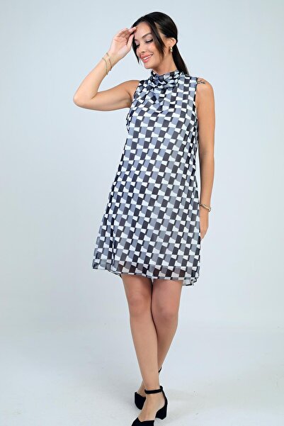 By Saygı Women's Degaje Collar Lined Patterned Short Chiffon Dress