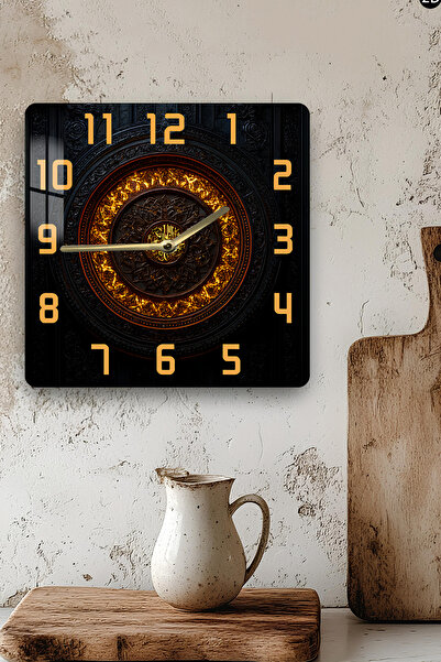 kutuTR Gold Detailed Baroque Pattern Themed Tempered Glass Square Clock 33X33 cm Size Uv Printing - Kcs023