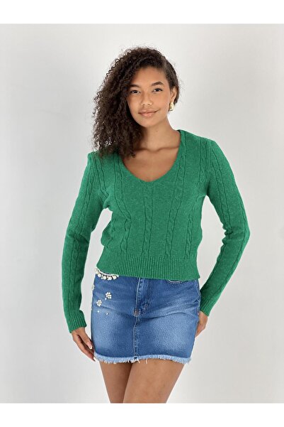 Miss Poem Women's V-Neck Hair Knit Short Green Knitwear Sweater