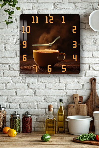 kutuTR Coffee Cup Themed Tempered Glass Square Clock 33X33 cm Size Uv Printing - Kcs018