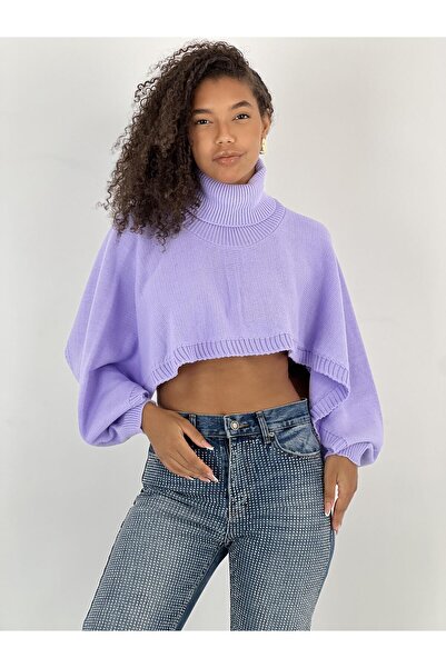 Miss Poem Women's Open Sleeve and Bottom Lilac Crop Sweater