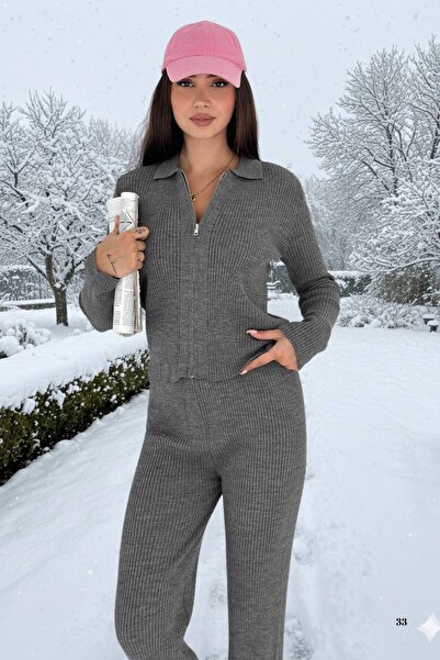 Moda Amore Ribbed Knitwear Sporty Stylish Tracksuit Style Two-Piece Set (Zippered Cardigan and Comfortable Pants) 66003