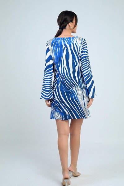 By Saygı Жіноче коротке плаття з круглим коміром, з підкладкою, з іспанськими рукавами та зебраним візерунком