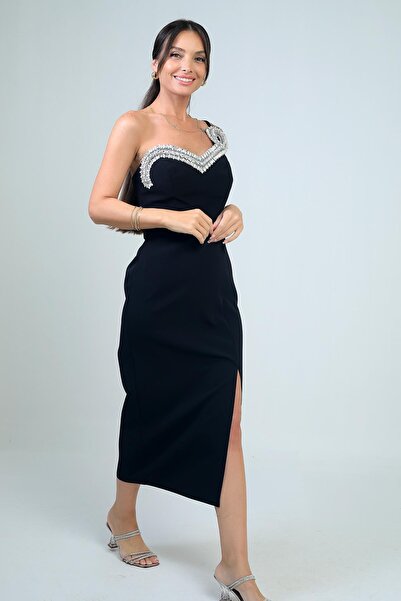 By Saygı Women's Slim Single Strap Stone Detailed Underwire Crepe Midi Dress