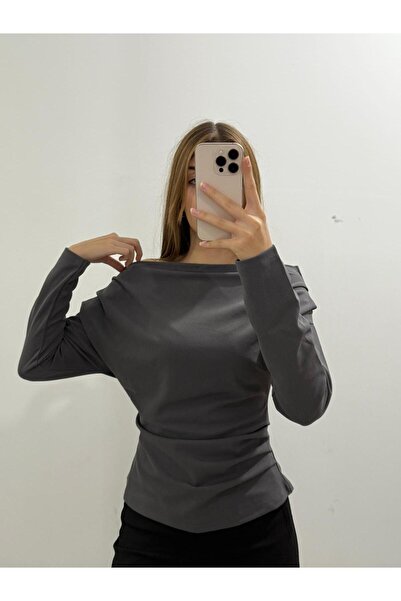 peri tower PRODUS NOU Bluză cu mânecă lungă din țesătură creponată tricotată, cu guler drapat și detaliu cu drapele 0031