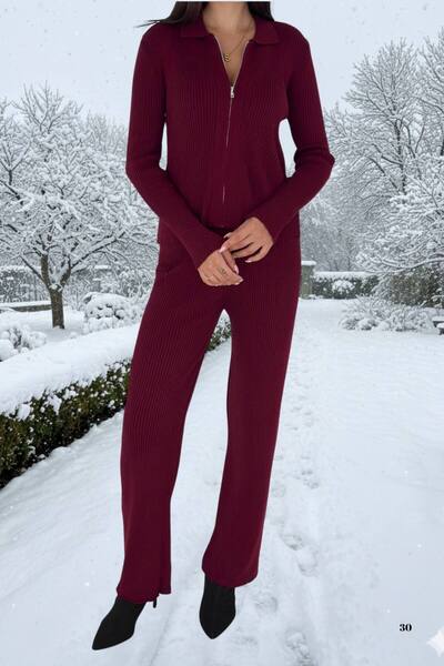 Moda Amore Ribbed Knitwear Sporty Stylish Tracksuit Style Two-Piece Set (Zippered Cardigan and Comfortable Pants) 66003