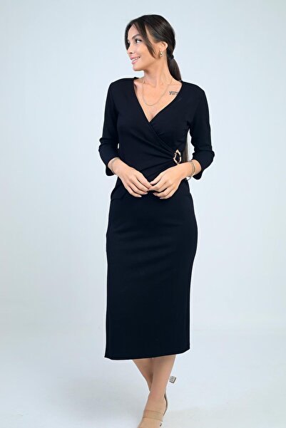 By Saygı Women's Double Breasted Collar Buckle Detailed Slit Midi Dress