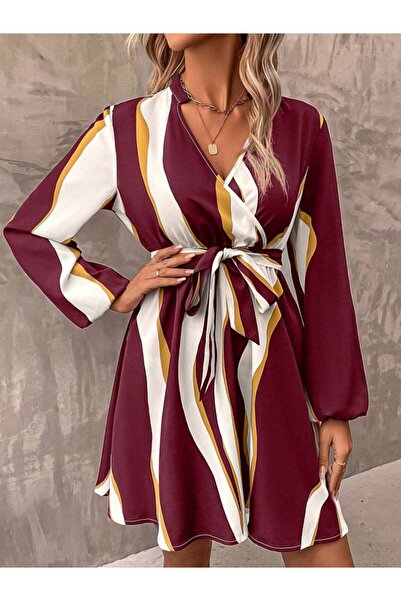 Meleners Women's Long Sleeve Double Breasted Collar Patterned Modal Mini Dress