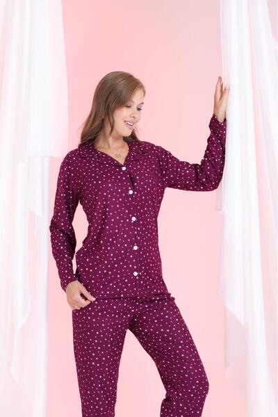 TRENDLİA İnce Süet Ceket Yaka Ön Düğmeli Üst Geniş Paça Bel Lastikli Yıldız Desenli Bedenli Pijama Takımı