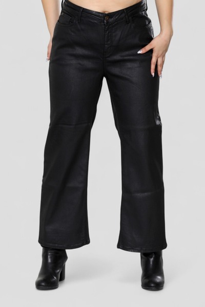 Dovil Leather Look Wax Finish Plus Size Black Women's Pants