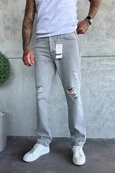 MADZEYMODA Men's Baggy Fit Gray Ripped Detailed Denim Jean Trousers Ke-561